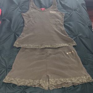 GUESS Women's Brown Lace Trim Pajama Set